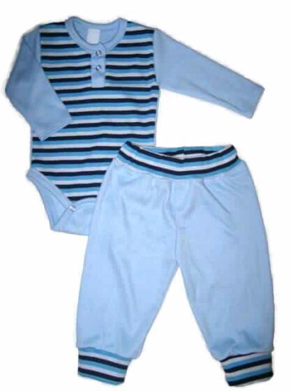 Baba body szettek kisfiús sötétkék-türkizkék-fehér csíkos body, világoskék hosszú ujjal és színben illő világoskék hosszú nadrággal, termékkép.