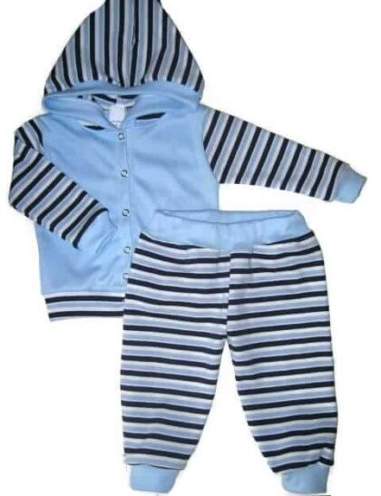 Baba ruha szett kisfiúknak, világoskék, sötétkék-farmerkék-fehér csíkos kapucnival és színben illő csíkos hosszú nadrággal, termékkép.
