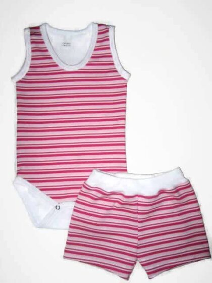 Nyári szett kislánynak, pink-rózsaszín-fehér csíkos, fehérrel kombinálva, ujjatlan body és színben illő csíkos rövid nadrág, termékkép.