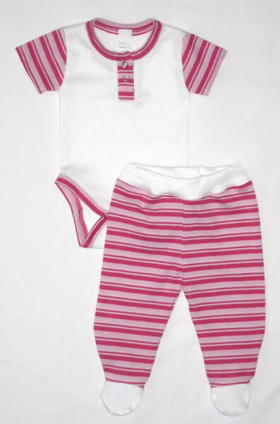 baba body szett kislányoknak, fehér pocakos body, pink-fehér-rózsaszín csíkos rövid ujjal és színben illő csíkos talpas nadrággal, termékkép.