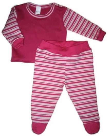 lányka babaruha szett, pink egyenes szabású felső, pink csíkos ujjal, színben illő csíkos talpas nadrággal, termékkép.