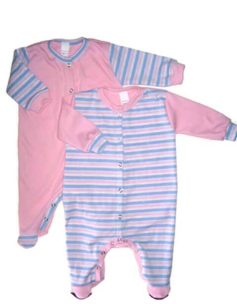 Bébi rugdalózó kislányoknak, 2 darab, rózsaszín, rózsaszín-fehér-világoskék csíkossal kombinálva, elöl végig patentos, talpas, termékkép.