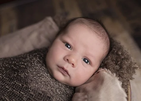 kisbaba játékos tanulása, csecsemő, barna ruhában, barna hajjal és barna szemekkel figyelmesen néz, kép.