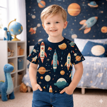 Gyerek póló űr mintával, szőke kisfiú bolygós gyerekszobában farmernadrágban és rövid ujjú pólóban