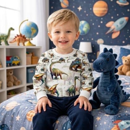 Baba body dínó hosszú ujjú egy mosolygós kisfiún, aki ül egy ágyon.