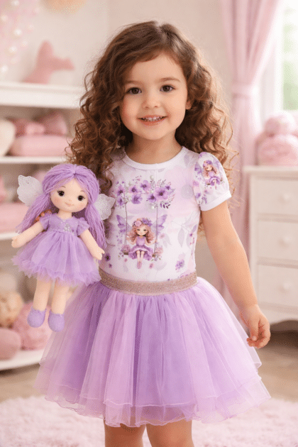 Baba body lila tündér mintával, aranyos és kényelmes babaruha vidám mintával egy hosszu barna haju kislányon, lila tüllszoknyával.