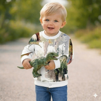 Szőke kisfiú dinós hosszú ujjú pulcsiban, farmernadrágban, kezében dinó figura