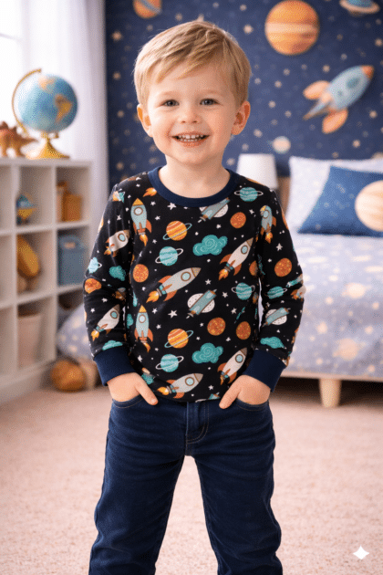Szőke kisfiú hosszú ujjú felsőben, űrhajós mintával, vidám háttérrel