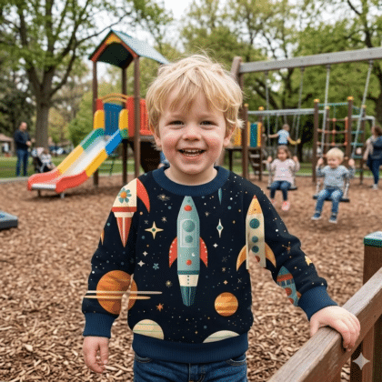Szőke kisfiú űrhajós mintás pulcsiban a játszótéren, hosszú ujjú baba felső