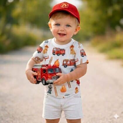 Baba póló tűzoltó autós mintával, aranyos és kényelmes babaruha, egy mosolygós kisfiún, akinek a kezében tűzoltó autó van.