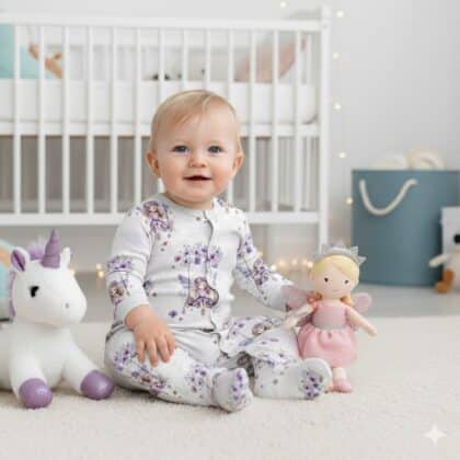 Baba rugdalózó lila tündérek mintával, puha, kényelmes és bőrbarát anyagból készült.