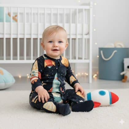 Baba rugdalózó űrhajós mintával, puha, kényelmes és bőrbarát anyagból készült.