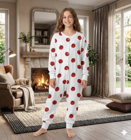 Kamasz lány katicás hálókezeslábast visel otthon, kényelmesen pihen.