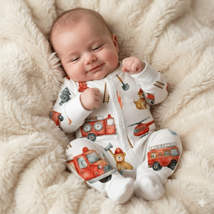 Csecsemő tűzoltós mintás, hosszú ujjú, talpas baba rugdalózóban összekuporodva, puha és kényelmes